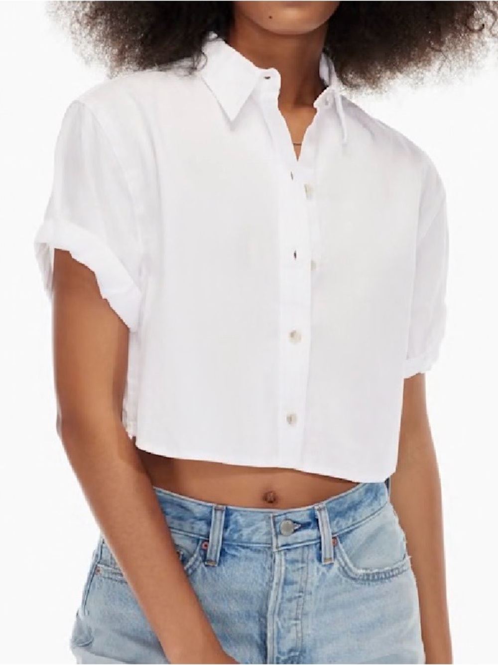 Denim Forum White Cropped Button-Down Shirt
